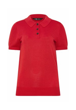 Polo a maniche corte rosso con tre bottoni neri e collo e polsini a coste, tessuto a maglia, etichetta della taglia all'interno del collo.