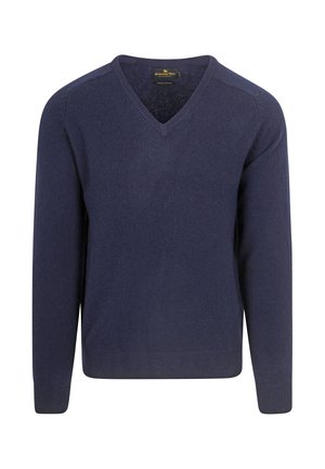 Navy blauwe v-hals trui gemaakt van zachte gebreide stof, met ribgebreide boorden en zoom, met een klassieke pasvorm en minimale details.