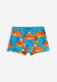 Boxer shorts bleus arborant un motif de dinosaure ludique en orange, jaune et vert. Fabriqués en coton doux avec une taille élastique.
