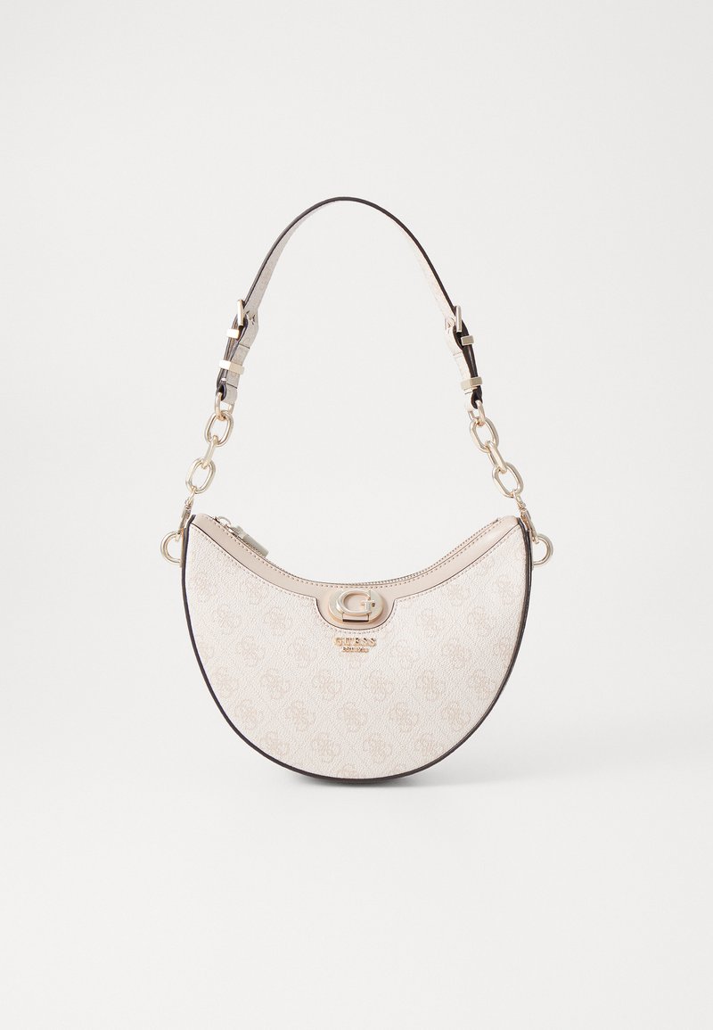 Hobo torba v kremni barvi iz tkanine z embosiranim vzorcem logotipa, zlatim okovjem in kontrastnim temnim robom. Vključena je nastavljiva naramnica.