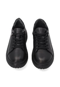 Schwarze Ledersneaker mit glatter Oberfläche, runder Zehenpartie, Schnürdesign und strukturiertem Gummisohle mit Riffelung.