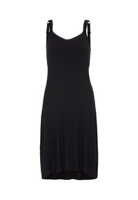 Czarna sukienka bez rękawów z dekoltem w kształcie litery V, koronkową lamówką na dekolcie, miękką tkaniną i lekko wygiętym dołem; gładka faktura na całej powierzchni.