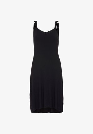 Robe noire sans manches avec un col en V, bordure en dentelle au niveau du décolleté, tissu doux, et un ourlet légèrement arrondi ; texture lisse sur toute la surface.