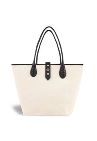 Sac fourre-tout en toile couleur crème avec des poignées en cuir noir. Présente des accents tissés et du matériel doré au centre. Forme rectangulaire avec un design structuré.