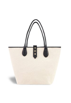 Borsa tote in tela color crema con manici in pelle nera. Presenta dettagli intrecciati e accessori in oro al centro. Forma rettangolare con design strutturato.
