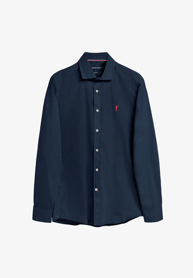 Granatowa koszula z długim rękawem, wykonana z bawełny, z kołnierzykiem zapinanym na guziki, posiadająca małe, czerwone haftowane logo, białe guziki oraz boczne rozcięcia.