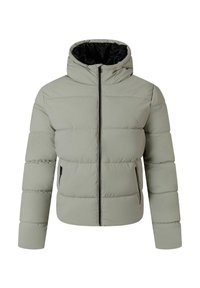 Chaqueta acolchada de color gris claro con capucha, que cuenta con un cierre frontal, bolsillos laterales y un acabado suave. Dobladillo ajustable para un ajuste ceñido.