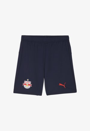 Marineblaue Sportshorts aus leichtem Material. Mit einem Red Bull Salzburg-Logo und einem roten Puma-Logo auf der unteren rechten Seite. Elastischer Bund.