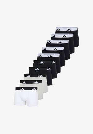 Set von Herren-Boxershorts in verschiedenen Farben: schwarz, weiß und grau. Jede hat einen elastischen Bund mit einem Logo-Detail aus drei Streifen.