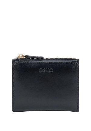 Czarny skórzany portfel na zamek błyskawiczny z tłoczonym napisem "estro" z przodu i złotym suwakiem.