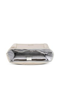 Beige open laptop bag showing padded interior with a secured compartment and several elastic side pockets for accessories.