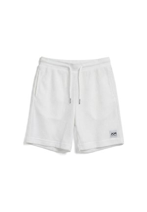 Witte meshstof shorts met een taille met trekkoord, zijzakken en een klein rechthoekig merklogo op het onderste deel van het linkerbeen.