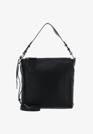 Borsa a spalla nera in pelle con una superficie liscia. Presenta una tracolla regolabile e una chiusura superiore con zip per una conservazione sicura.