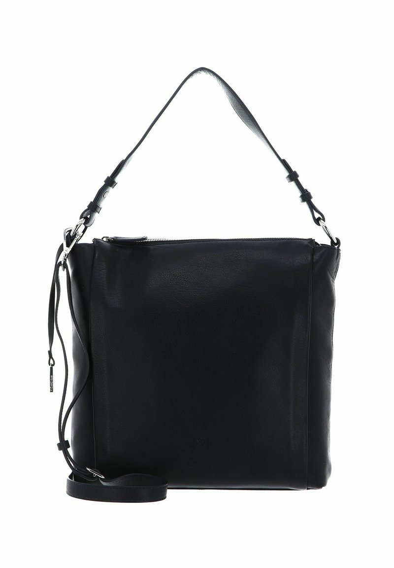 Zwarte leren schoudertas met een gladde textuur. Voorzien van een verstelbare schouderband en een ritssluiting aan de bovenkant voor veilige opslag.