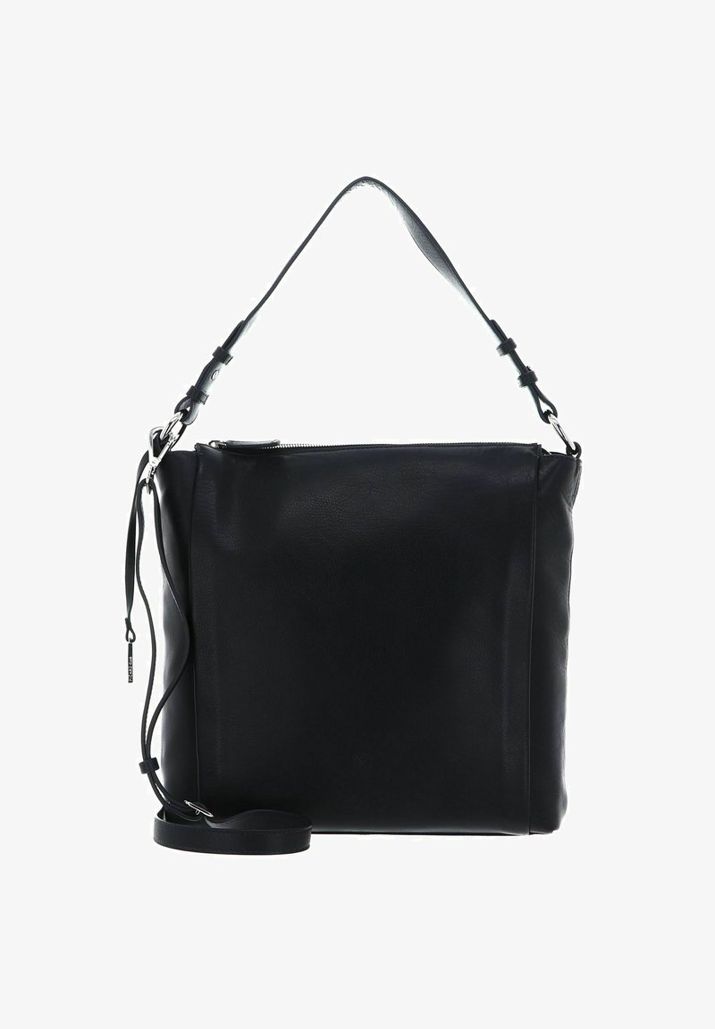 Zwarte leren schoudertas met een gladde textuur. Voorzien van een verstelbare schouderband en een ritssluiting aan de bovenkant voor veilige opslag.