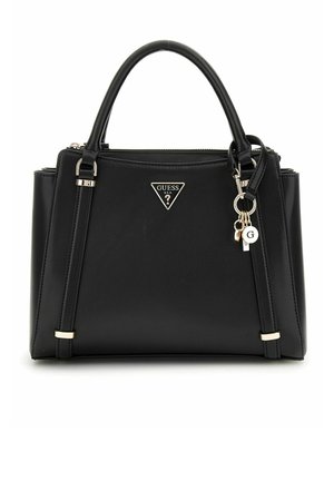 Sac à main synthétique noir avec double poignées, logo en argent triangulaire, quincaillerie en ton doré et fermeture éclair. Comprend un ornement porte-clés.