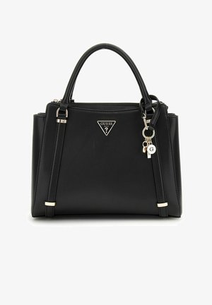 Sac à main synthétique noir avec double poignées, logo en argent triangulaire, quincaillerie en ton doré et fermeture éclair. Comprend un ornement porte-clés.