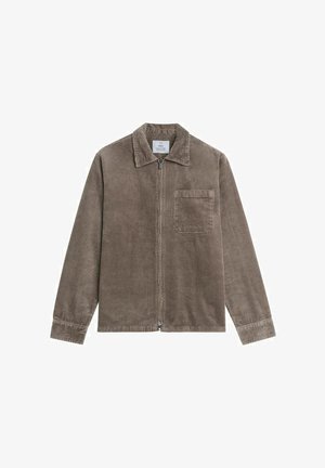 Brown corduroy jacket with a zip front, spread collar, single chest pocket, and long sleeves. Textured fabric with visible ribbing.