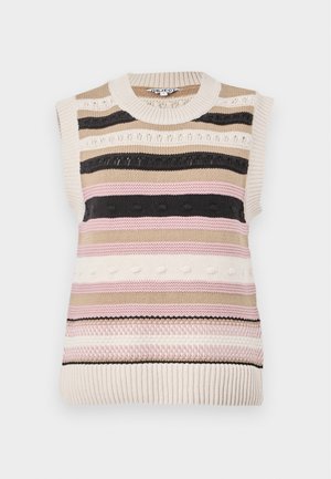 Suéter sem mangas de malha com riscas horizontais em bege, preto, rosa e creme; apresenta texturas variadas e detalhes de malha aberta.