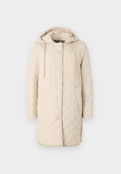 Quiltet beige frakke med hætte, der har trykknapper, lange ærmer og to frontlommer. Enkel, lige skæring.