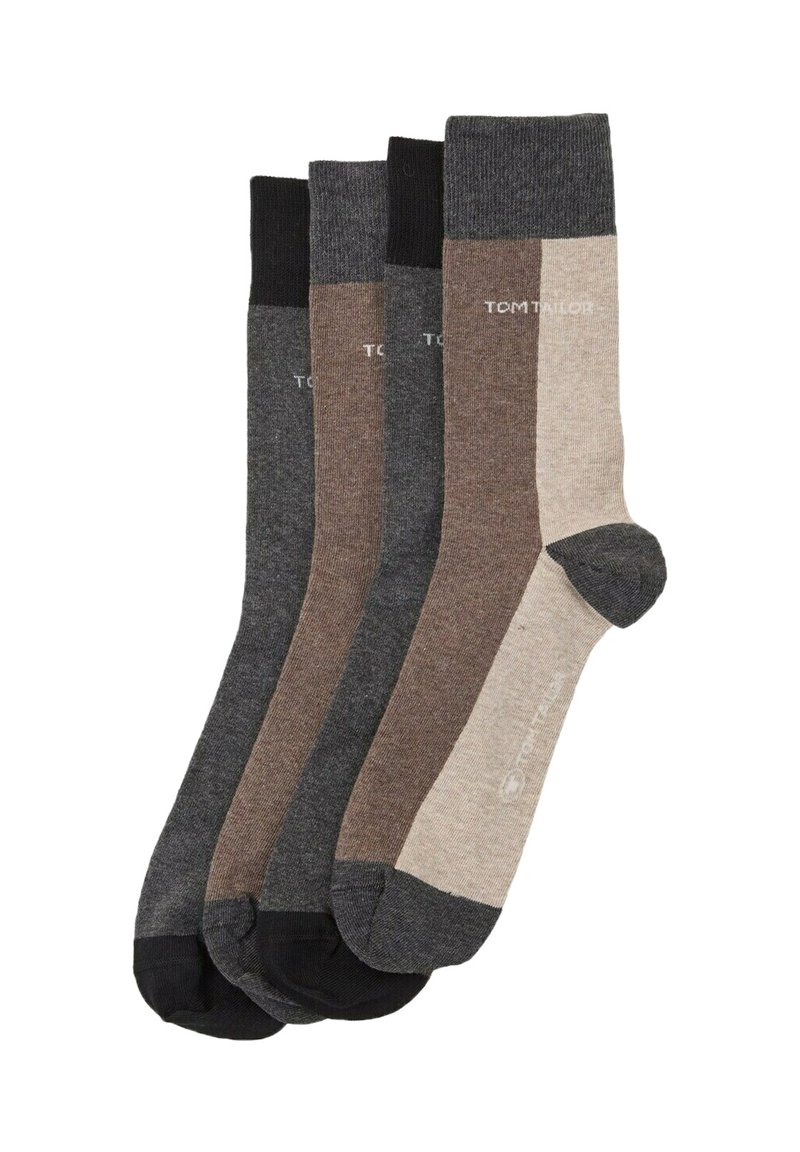 Vier Paar Socken in verschiedenen Grautönen und Brauntönen, mit kontrastierenden Bündchen und verstärkten Zehen, versehen mit dem weißen "TOM TAILOR"-Logo.