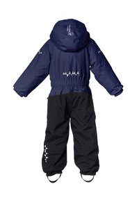 Mörkblå isolerad jacka med grå detaljer, elastisk midja och matchande svarta byxor. Har triangulära mönster på ärmar och ben.