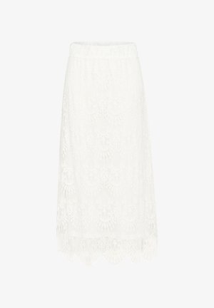 Jupe en dentelle blanche avec un ourlet festonné et un motif floral, dotée d'une taille élastique pour un ajustement confortable.