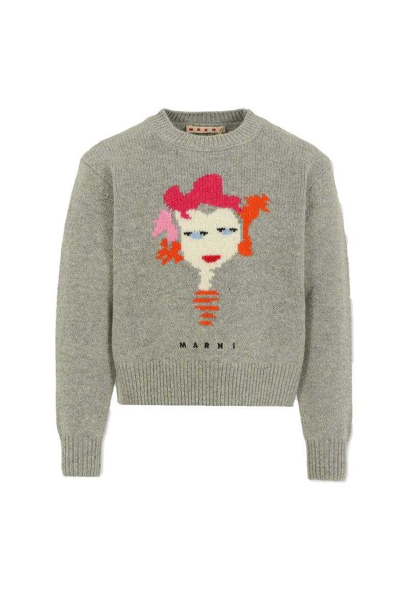 Szary sweter dzianinowy z kolorowym wzorem twarzy z przodu, z różowymi włosami, niebieskimi oczami i nazwą marki "Marni" na dolnym brzegu.