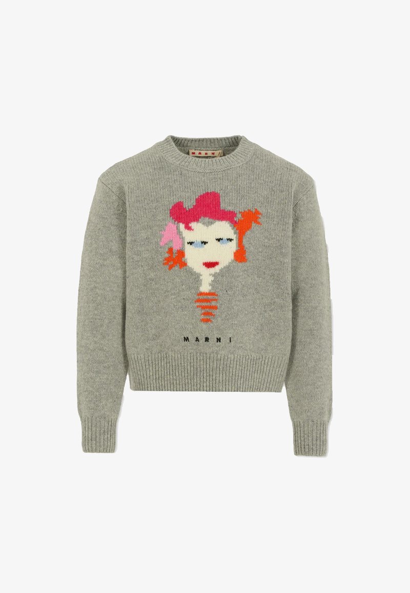 Pull en tricot gris avec un design de visage coloré sur le devant, aux cheveux roses, yeux bleus, et le nom de la marque "Marni" au bas.