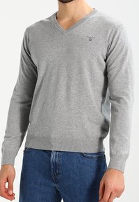 Šedý svetr s výstřihem do V, vyrobený z měkké látky. Dlouhé rukávy a žebrované manžety. Obsahuje malé logo na horní části hrudi. Spárován s modrými džínami.