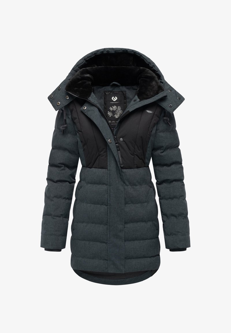 Žieminė pūkinė striukė tamsiai pilkos spalvos su juodais akcentais. Yra kailiu pamuštas kapišonas, užtrauktukas ir sagų užsegimai, šiek tiek išlenkta apačia.