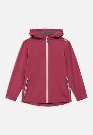 Gyerek méretű bordó kapucnis kabát elülső cipzárral, két cipzáras oldalzsebbel és logóval a bal vállon.