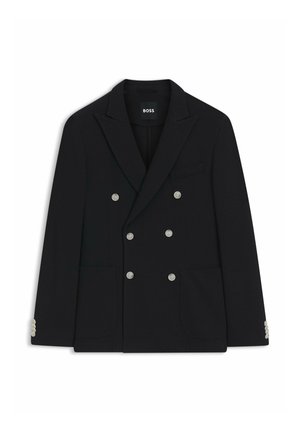 Blazer noir croisé avec six boutons argentés, revers crantés, poches avant et une étiquette BOSS à l'intérieur du col.
