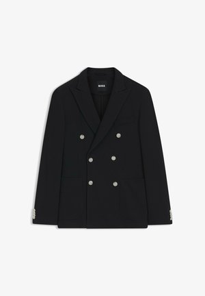 Blazer noir croisé avec six boutons argentés, revers crantés, poches avant et une étiquette BOSS à l'intérieur du col.
