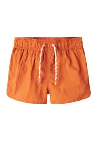 Shorts de bain orange en tissu léger, dotés d'une taille élastique avec cordon de serrage et de poches latérales.