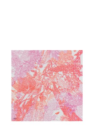 Dessin abstrait détaillé avec des lignes fines roses et rouges denses formant des motifs floraux et feuillus sur fond blanc.