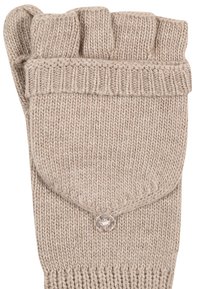 Beige fingerless glove made of knitted material, featuring ribbed cuffs, decorative button accent, and a soft texture.