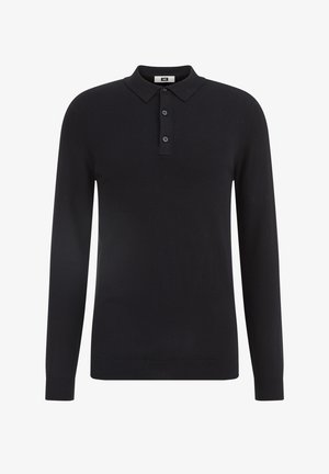 Polo negro de manga larga en tela suave, con cuello, tapeta de tres botones y puños de canalé con un diseño ajustado.