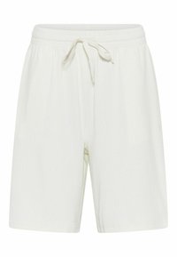 White ribbed shorts with an elastic waistband and drawstring. Features side pockets and a straight cut. Soft texture for comfort.