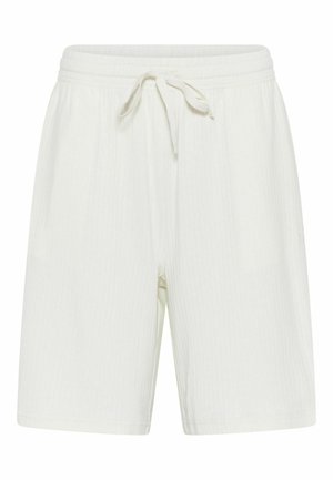 Vita ribbade shorts med elastisk midja och dragsko. Har sidofickor och rak skärning. Mjuk textur för komfort.