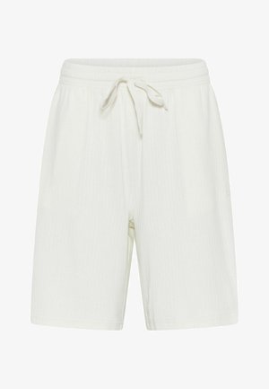 Białe szorty z prążkowanej tkaniny z elastycznym pasem i sznurkiem do regulacji. Posiadają boczne kieszenie i prosty krój. Miękka tekstura zapewniająca komfort.