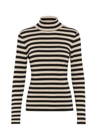 Mustriga must ja beež turtleneck-sviiter pikade varrukatega, peene reljeefse tekstuuriga, keha külge sulguva disainiga ja kõrge kaelusega.