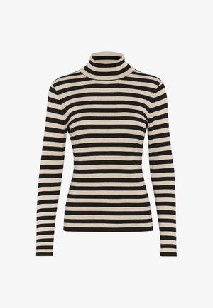 Suéter de cuello alto a rayas negras y beiges, con mangas largas, textura acanalada, diseño ajustado y cuello alto.