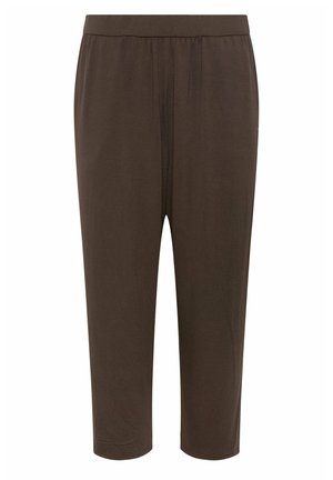 Pantalon court marron à taille élastique, fabriqué en tissu doux, avec une coupe décontractée et des jambes droites.