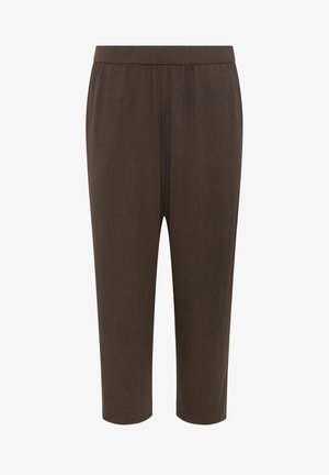 Pantalon court marron à taille élastique, fabriqué en tissu doux, avec une coupe décontractée et des jambes droites.