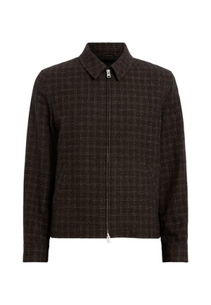 Veste zippée à carreaux bruns avec col, manches longues et tissu texturé. Présente une coupe droite et une fermeture éclair à l'avant.
