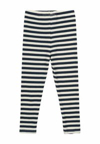 Ribbade leggings med marinblå och krämfärgade horisontella ränder. Har en elastisk midja och en åtsittande design.