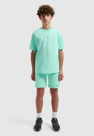 Teenager-Junge steht und trägt ein mintgrünes kurzärmeliges Hemd und passende Shorts mit schwarzen Turnschuhen und weißen Socken vor schlichtem Hintergrund.