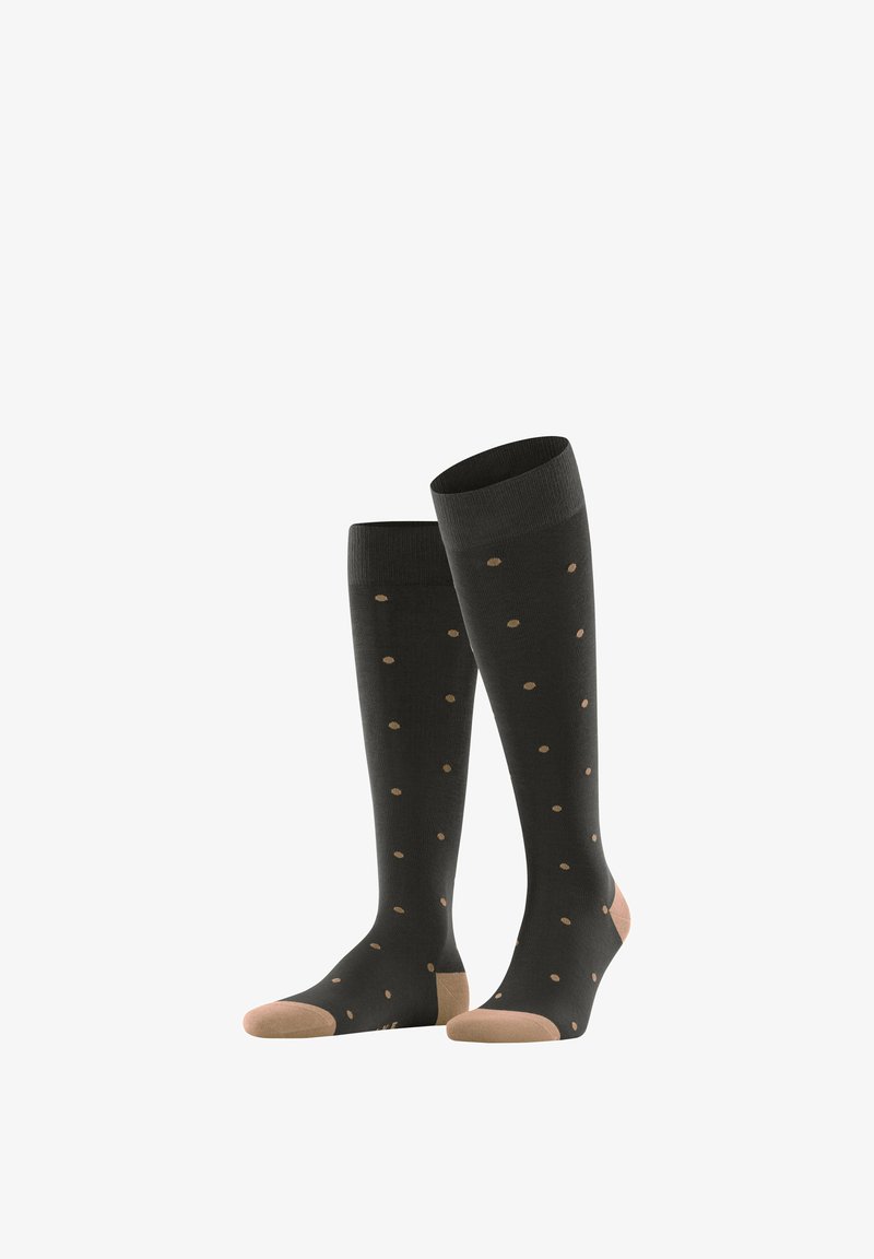 Chaussettes mi-mollet gris foncé avec des pois beiges ; orteils et talons renforcés ; texture lisse ; bords côtelés assurant un maintien sûr.