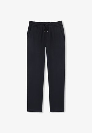 Pantaloni neri casual con vita elastica, coulisse e tasche laterali, distesi su uno sfondo bianco.